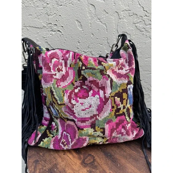 Intrinsic Flair Embroidered Floral Boho Indie Fringe Leather Shoulder Bag Purse - Picture 4 of 11